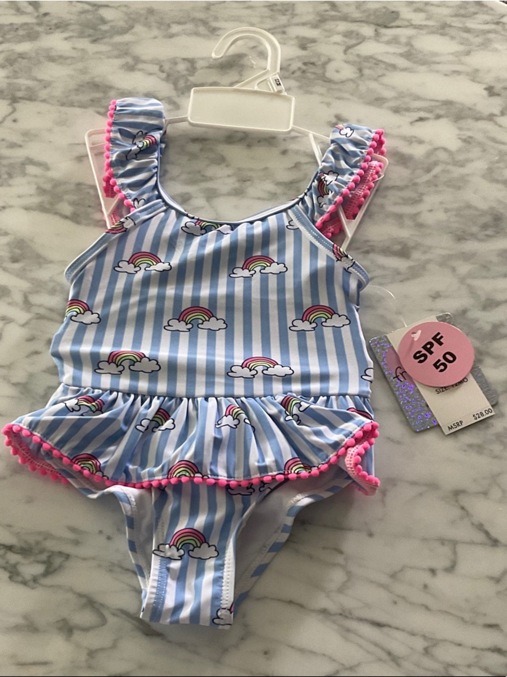 Freestyle Blue and White Striped One-Piece Swimsuit with Rainbow Print